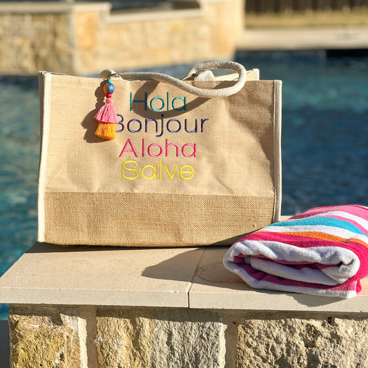 Hola, Bonjour, Aloha, Salve Tote Bag